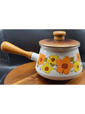 Vintage Sanko Ware Enamel Pot Orange Poppy Floral Pattern Japan 1970s